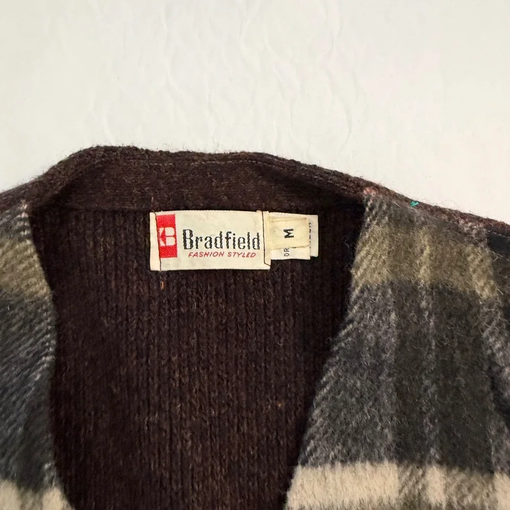 Bradfield Vintage‎ Mens Plaid Wool Cardigan Sweater Brown Green Old Money Core M